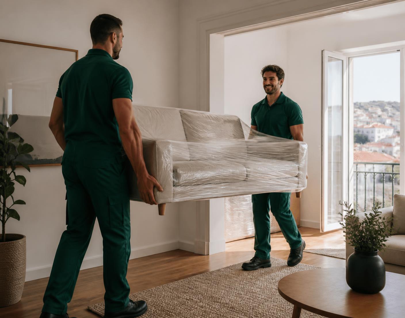 Dois profissionais da MontaMove a transportar um sofá protegido para dentro de um apartamento